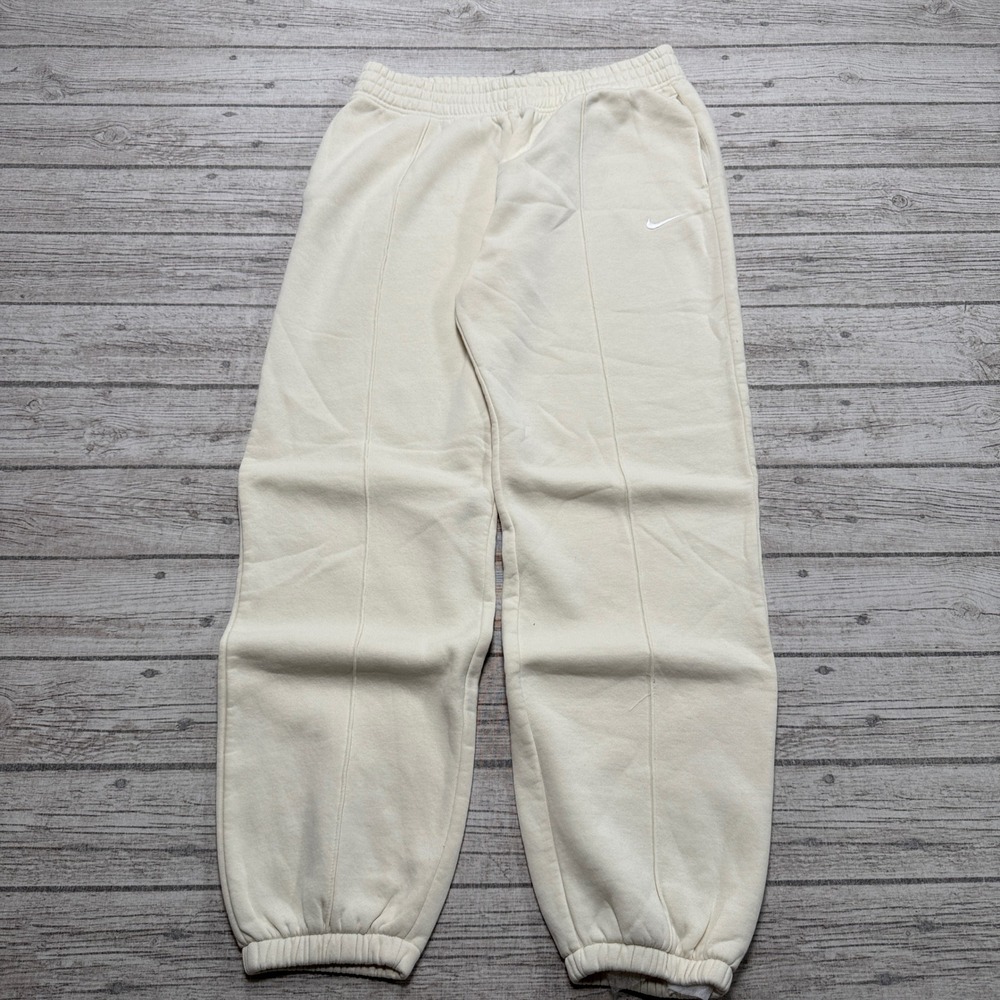 Nike Sweatpants Womens Medium White Swoosh Fleece Lined Pintuck Athletic Joggers